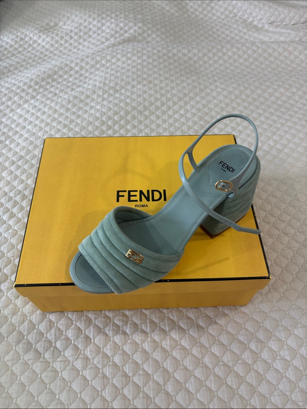 Fendi Mint Green Suede Quilted Block Heel Sandals with Gold Logo